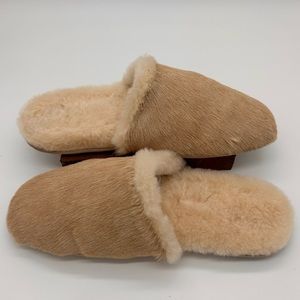 Freda Salvador James Shearling Slipper, Natural Haircalf, size L (8-10)